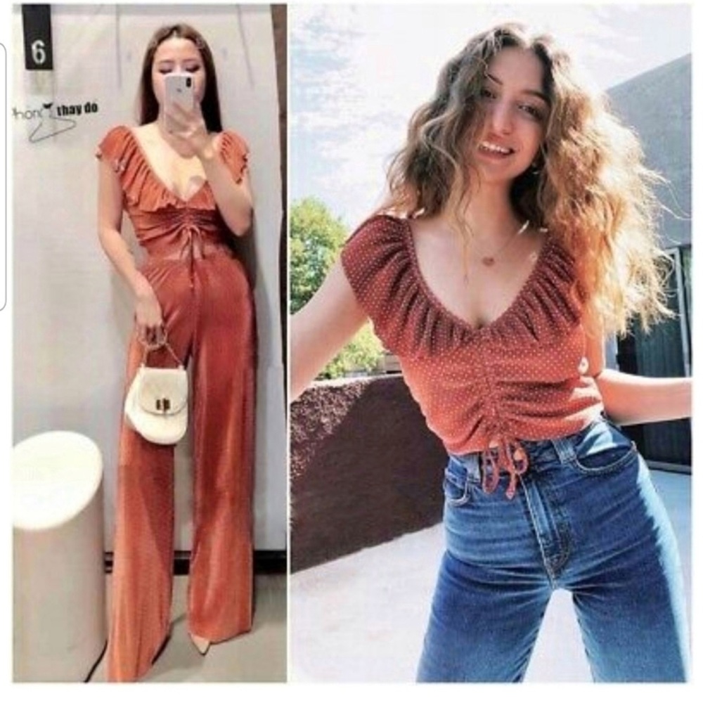 Zara Pleated Ruffle Crop Top Dot Print Blogger Summer Large - Picture 7 of 8